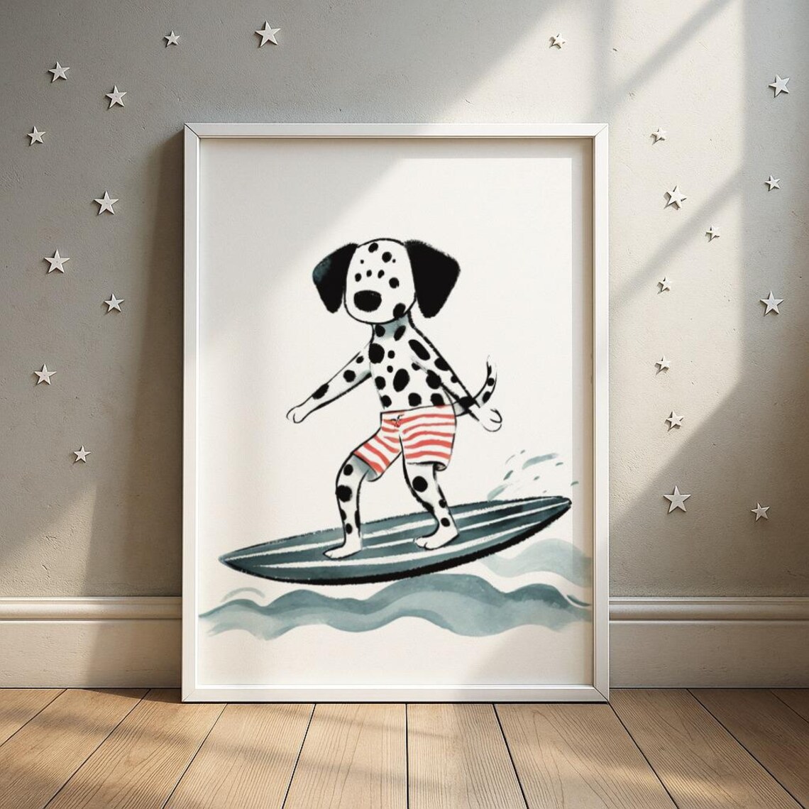 Surfing Dalmatian Print Beach Dog Nursery Art Kids Room Decor Wall