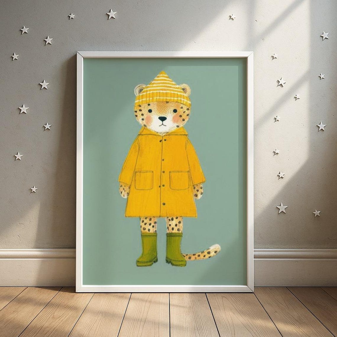 Raincoat Leopard Art Print Cheetah In Yellow Jacket Illustration Toddler Room Decor