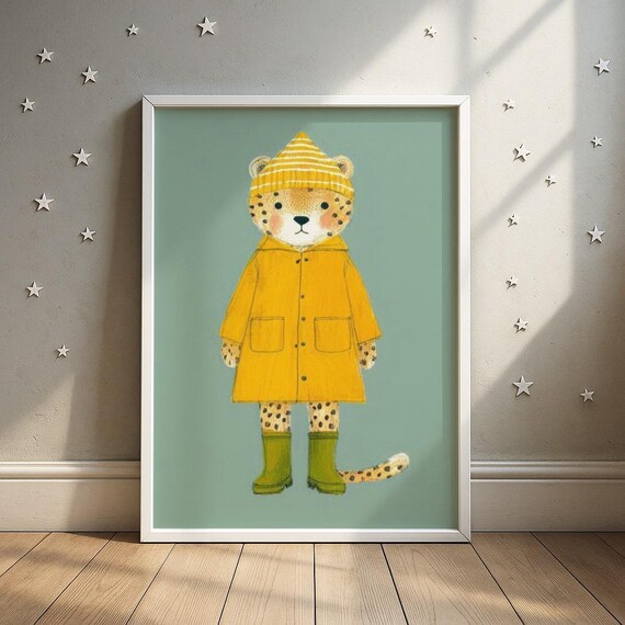 Leopard Cub In Sunny Yellow Raincoat And Green Boots Rainy Day Poster