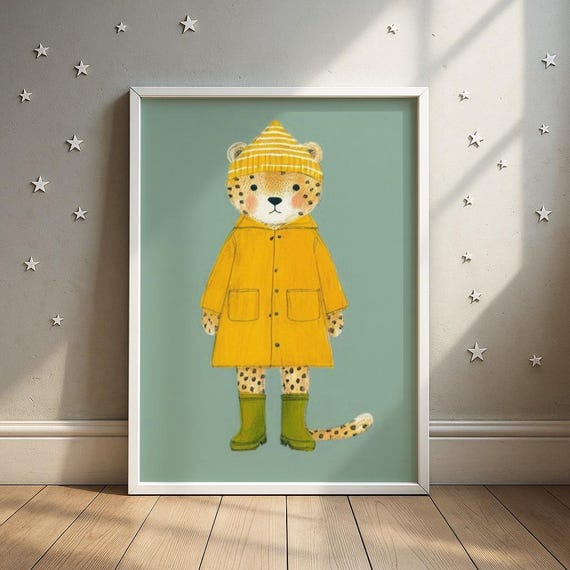 Raincoat Leopard Art Print Cheetah In Yellow Jacket Illustration Toddler Room Decor