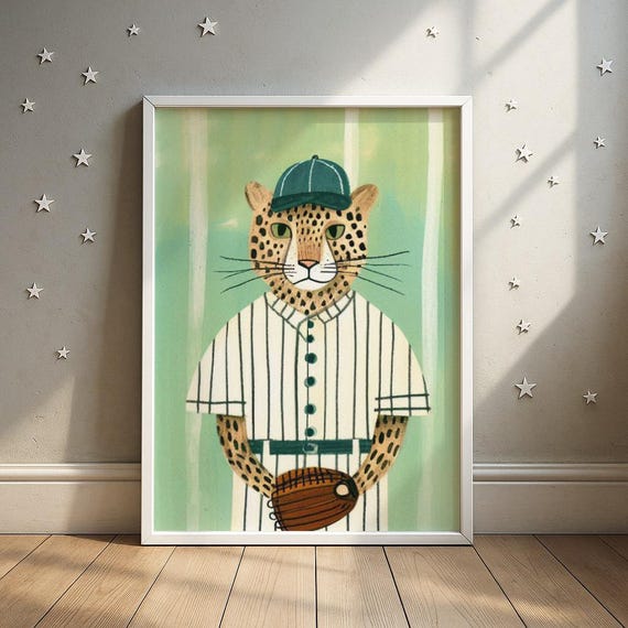 Baseball Profile Leopard Wall Art Spotted Cat In Jersey Illustration Kids Sports Room Decor
