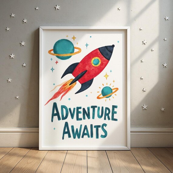 Adventure Awaits Red Rocket Spaceship Kids Room Decor Poster