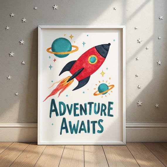 Adventure Awaits Rocket Spaceship Wall Art Universe Exploration Print Kids Room Decor