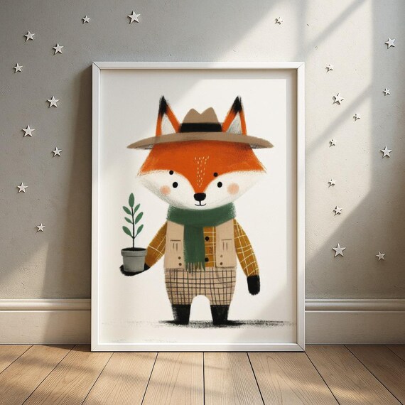 Fox Farmer Portrait Print Rustic With Plant Nursery Art Kids Room Decor