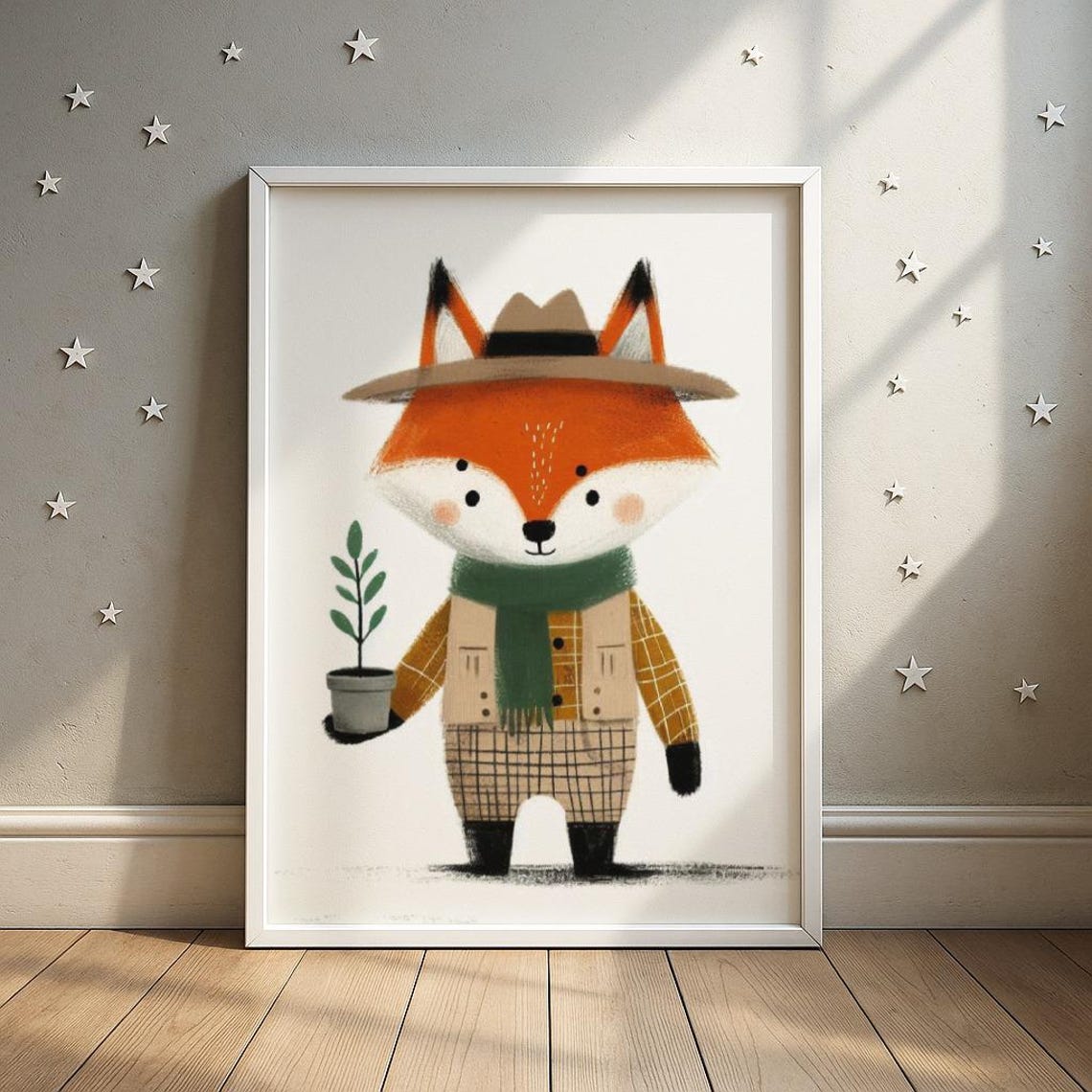 Cute Fox Farmer With Potted Plant Rustic Woodland Nursery Wall Art