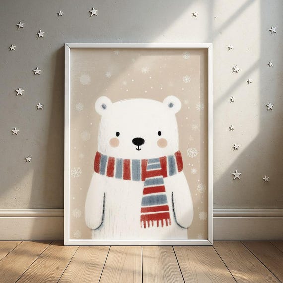 Bear Winter Cute Scarf Print White Polar With Red Blue Striped Wall Art Nursery Decor