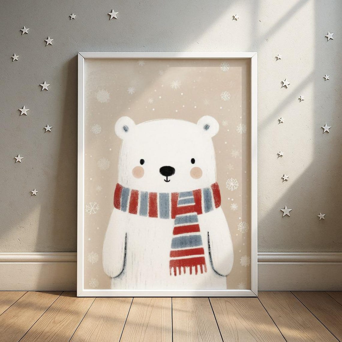 Cute White Polar Bear With Red Blue Striped Scarf Winter Poster