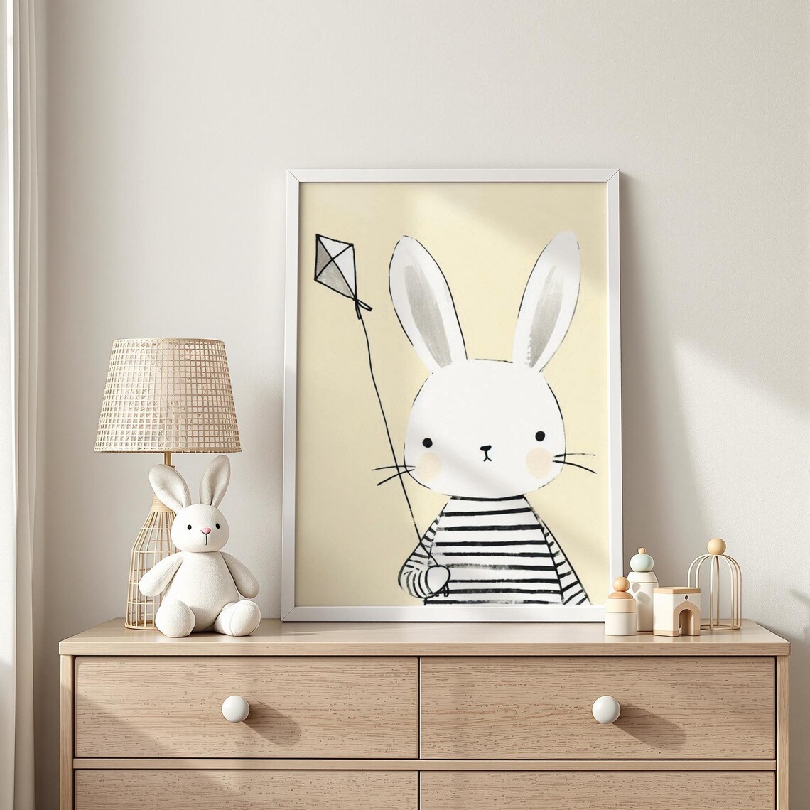 Bunny Flying Kite Nursery Watercolor Poster Striped Shirt Sky Decor