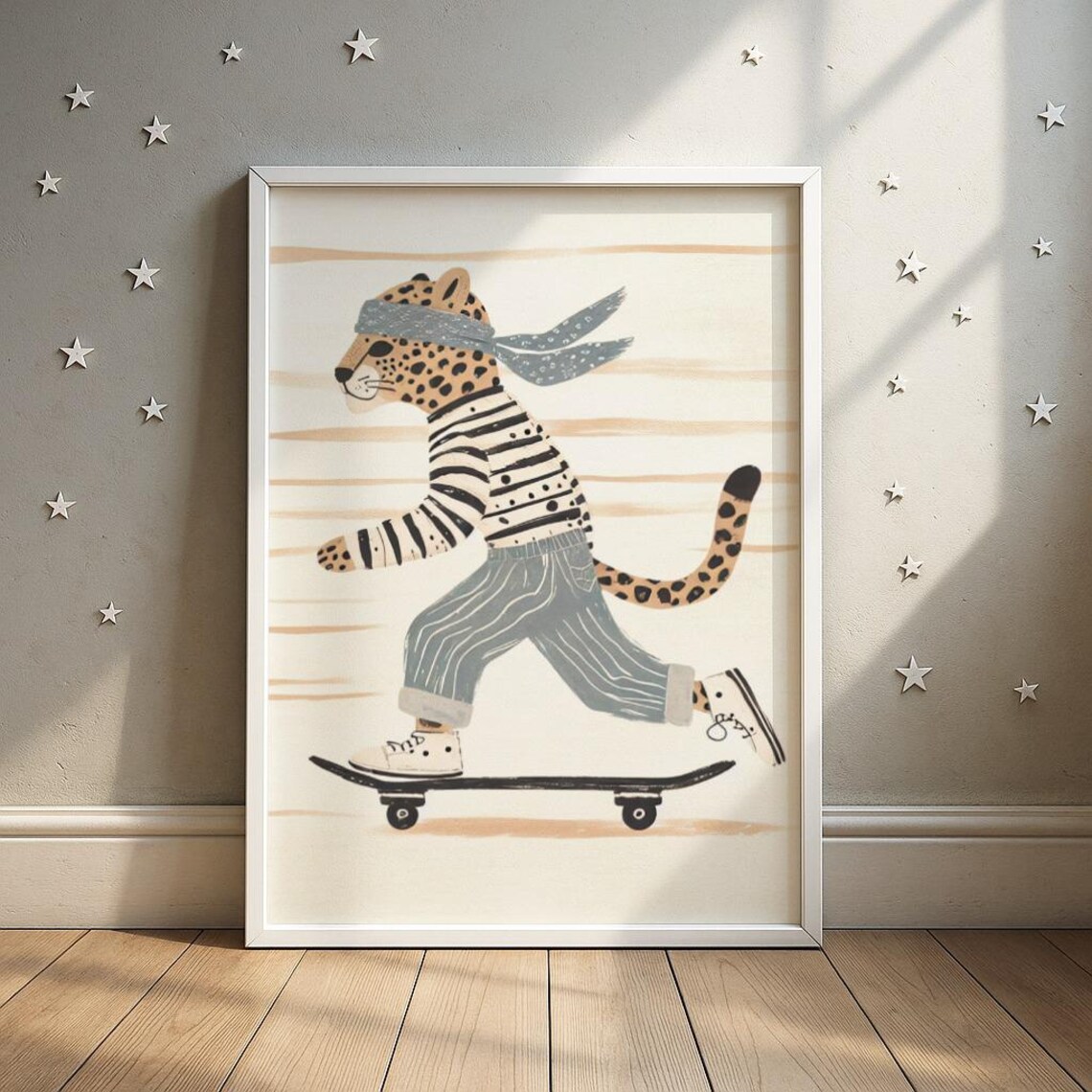 Cool Leopard Skateboarder In Striped Shirt And Bandana Kids Room Poster