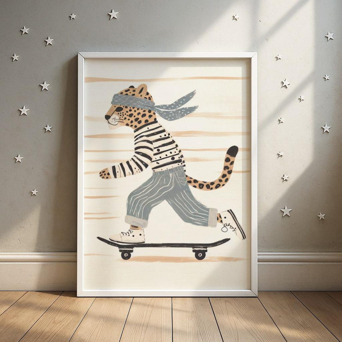 Skateboard Leopard Nursery Print Cheetah Cub On Illustration Toddler Room Decor