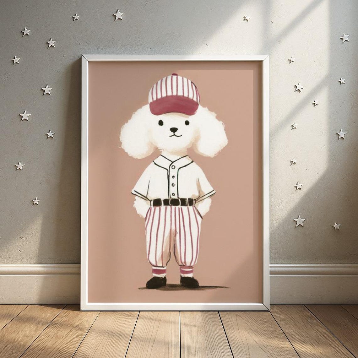 Frontal Poodle Dog Art Print Striped Uniform Puppy Illustration Toddler Room Decor