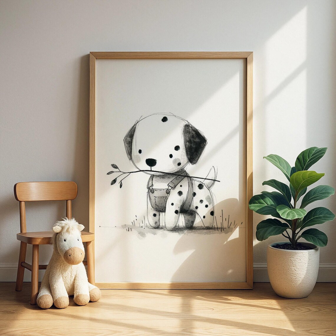 Dalmatian Puppy Nursery Poster Cute Spotted Dog Stick Kids Room Art