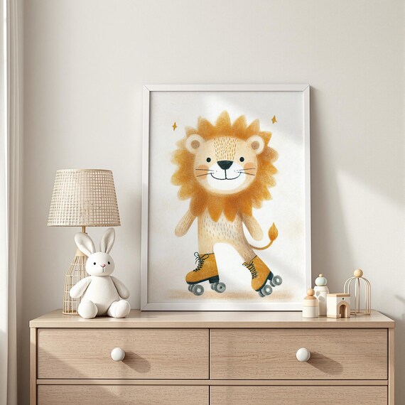 Happy Lion Cub in Yellow Roller Skates Nursery Room Art Print