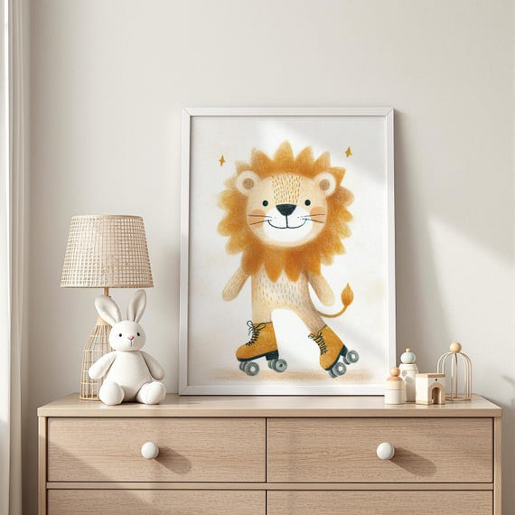 Rollerskating Lion Cub Print Playful Safari Animal On Skates Illustration Toddler Room Decor