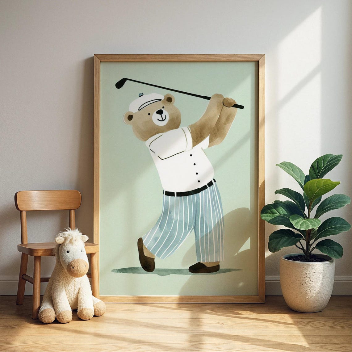 Brown Bear Playing Golf Mid Swing Watercolor Nursery Sports Poster