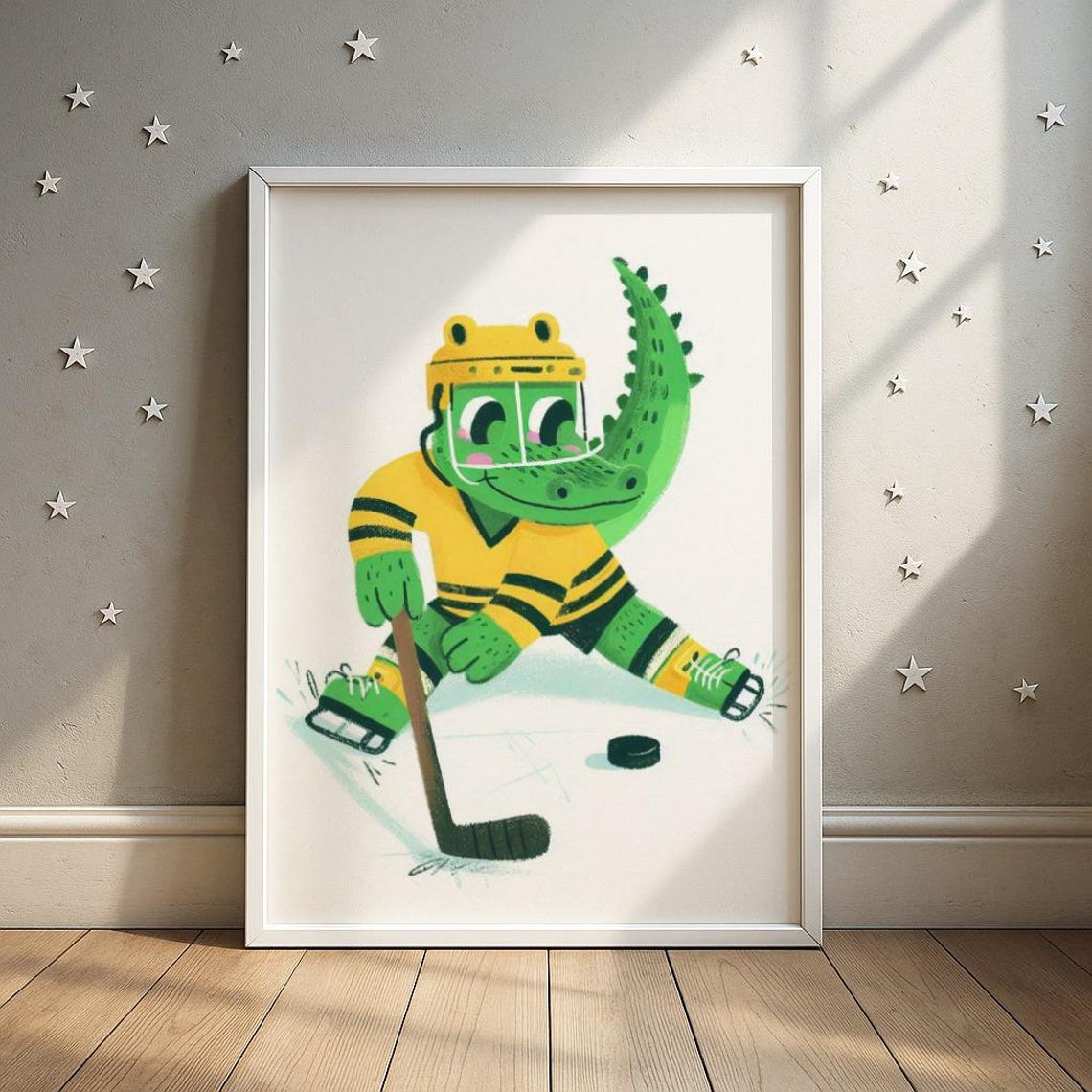 Ice Hockey Alligator Wall Art Crocodile Player Illustration Boys Room Decor