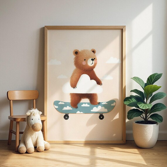 Cute Bear Riding Cloud Skateboard Dreamy Pastel Nursery Art Poster