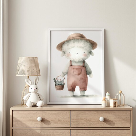 Flowerpicking Sheep Nursery Print Pastel Lamb With Basket Wall Art Baby Room Decor