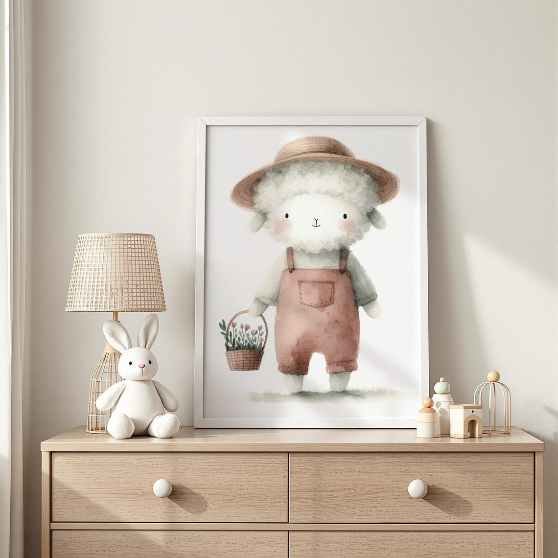 Watercolor Lamb Holding Flower Basket Straw Hat Nursery Wall Poster