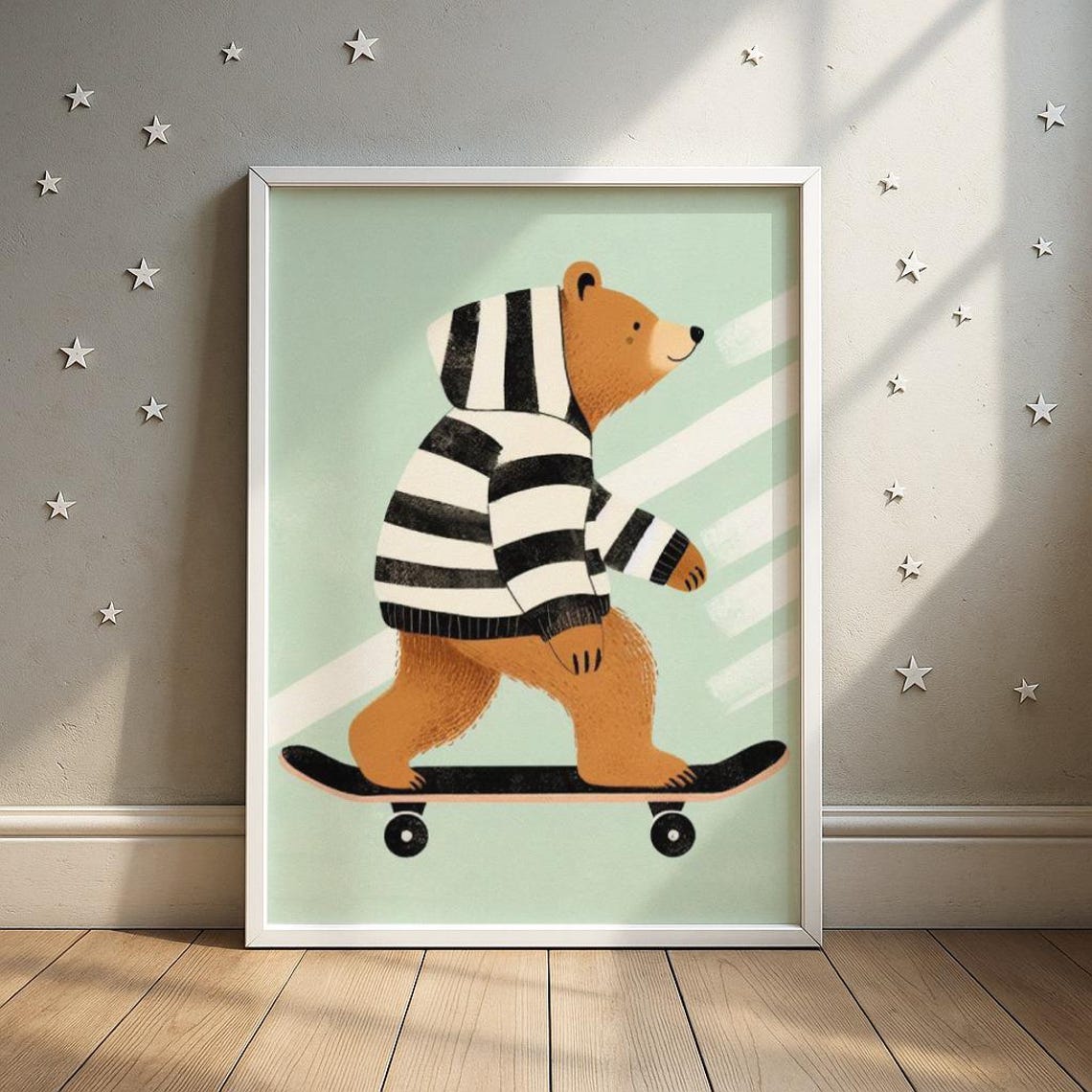 Bear in Striped Hoodie Riding Skateboard Mint Nursery Wall Poster
