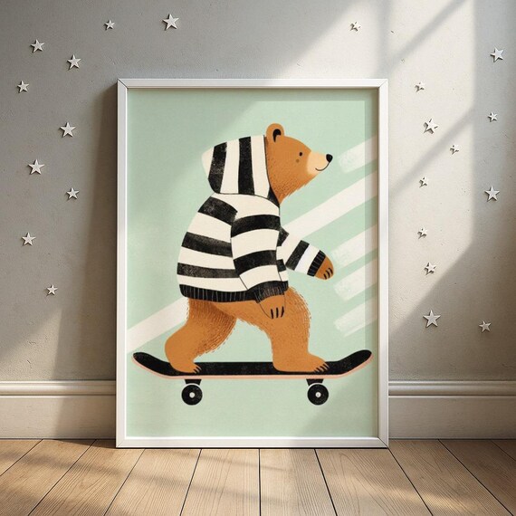 Bear in Striped Hoodie Riding Skateboard Mint Nursery Wall Poster