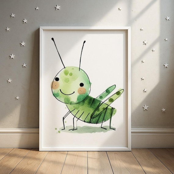 Green Grasshopper Art Print Colorful Insect Illustration For Kids Nature Nursery Decor