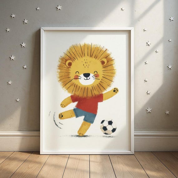 Soccerplaying Lion Wall Art Football Kit Cub Illustration Boys Room Decor
