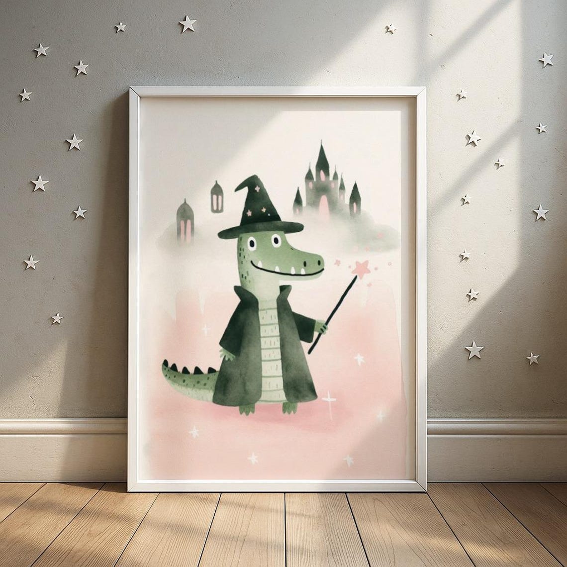 Magical Alligator Wizard Print Crocodile With Wand Fantasy Nursery Art Kids Room Decor
