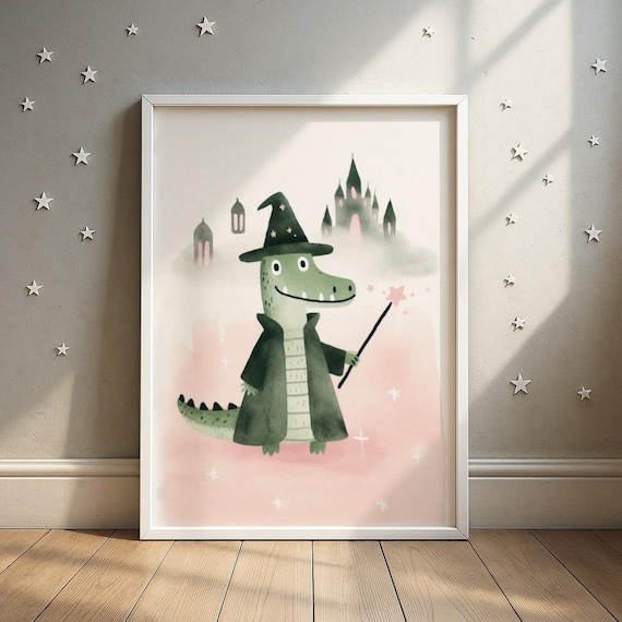 Alligator Wizard With Magic Wand Fantasy Nursery Room Art Print