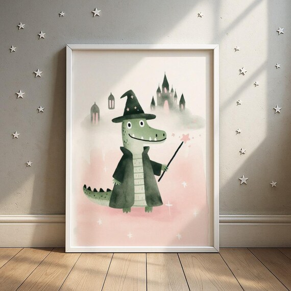Magical Alligator Wizard Print Crocodile With Wand Fantasy Nursery Art Kids Room Decor