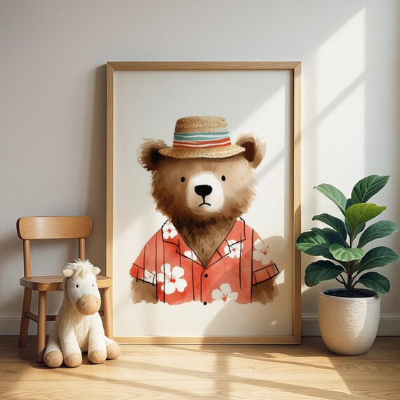 Cute Bear in Hawaiian Shirt and Straw Hat Tropical Nursery Wall Poster