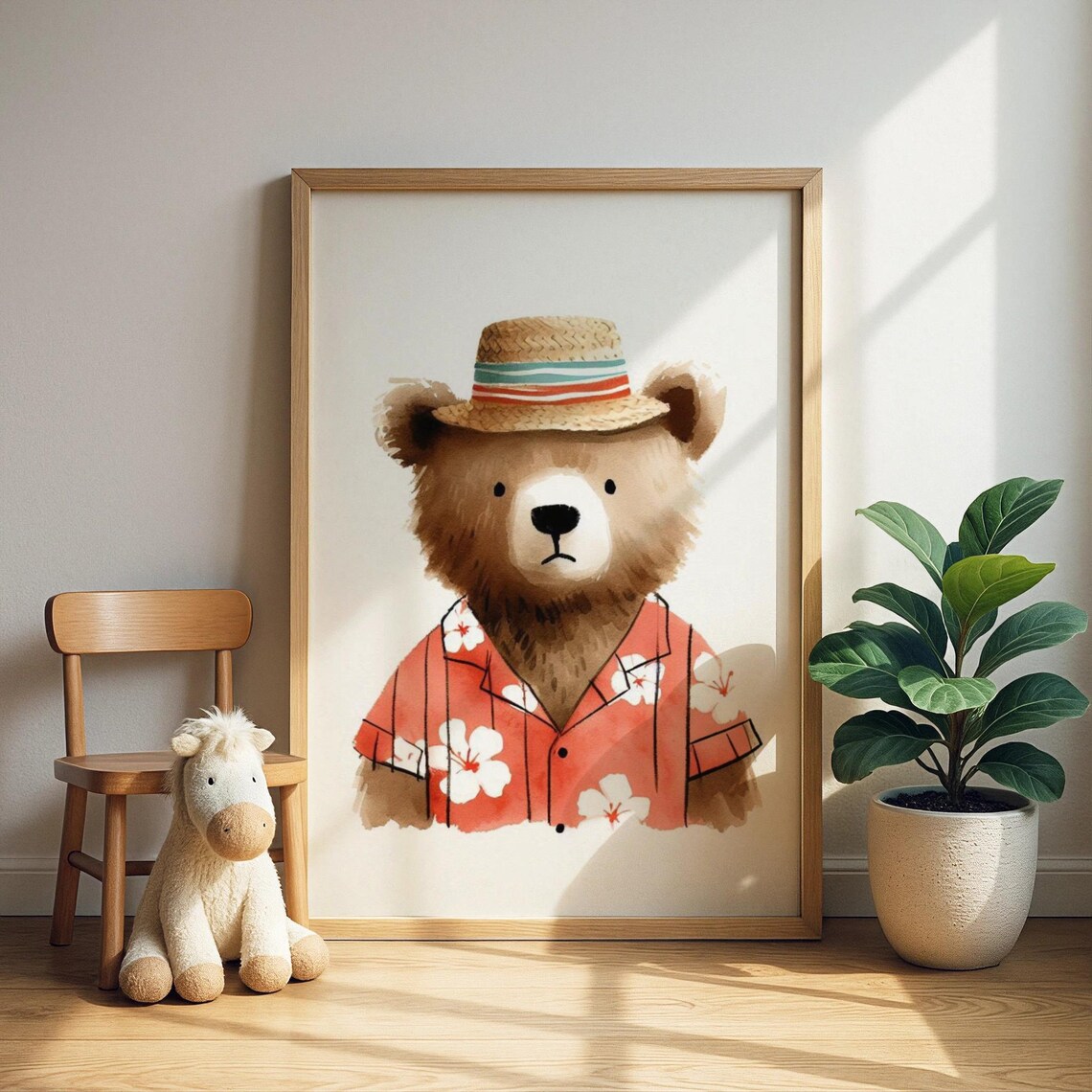 Cute Bear in Hawaiian Shirt and Straw Hat Tropical Nursery Wall Poster