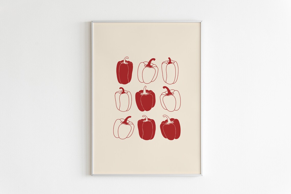 Red Bell Pepper Nine Grid Minimalist Kitchen Line Art Poster