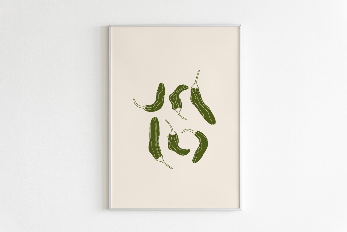 Green Shishito Peppers Curves Elegant Line Art Kitchen Wall Art