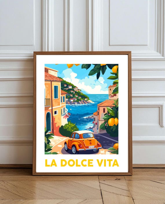 La Dolce Vita Italian Travel Art Prints Poster Vintage Italy Illustration Fiat Car Coast Kitchen Decor