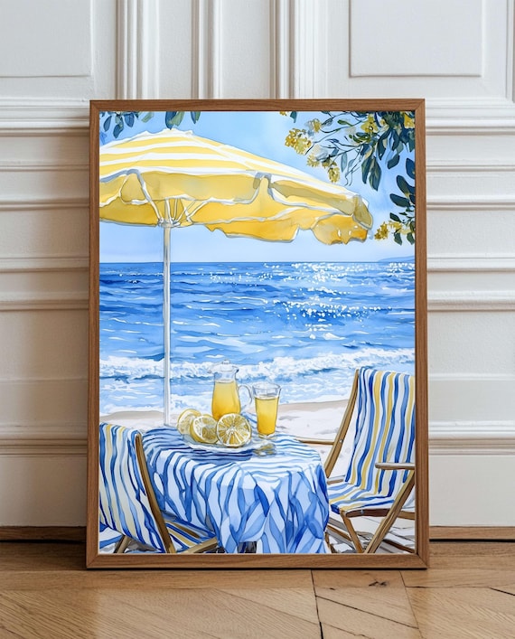 Beach Lemonade Yellow Umbrella Coastal Watercolor Scene Poster