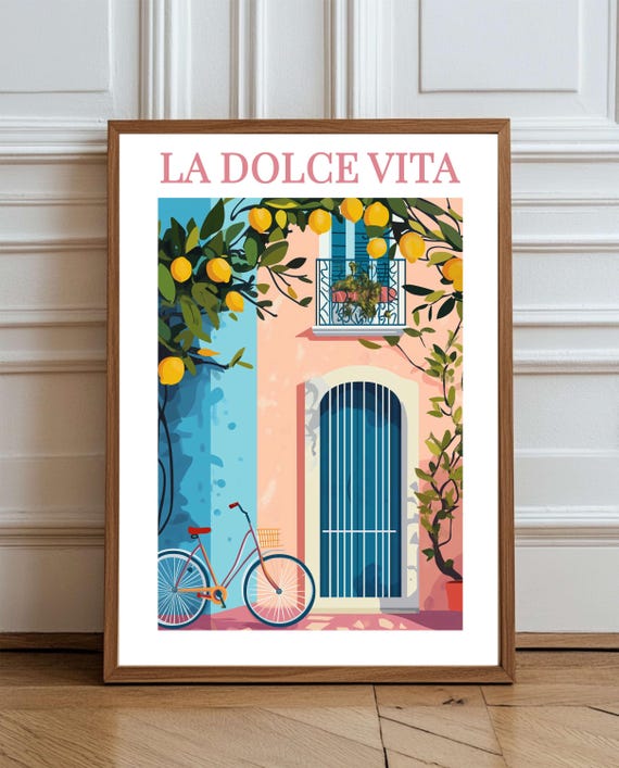 Italian Bycicle Lemon Tree Illustration Wall Art La Dolce Vita With Bicycle Mediterranean House Summer Street
