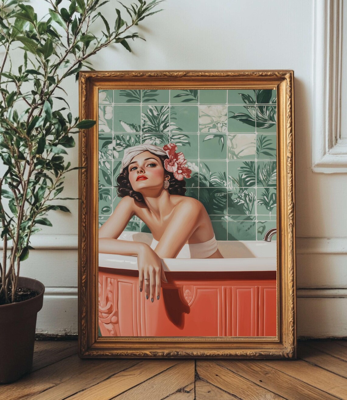 Retro Glam Woman In Coral Bathtub With Tropical Tiles Wall Art