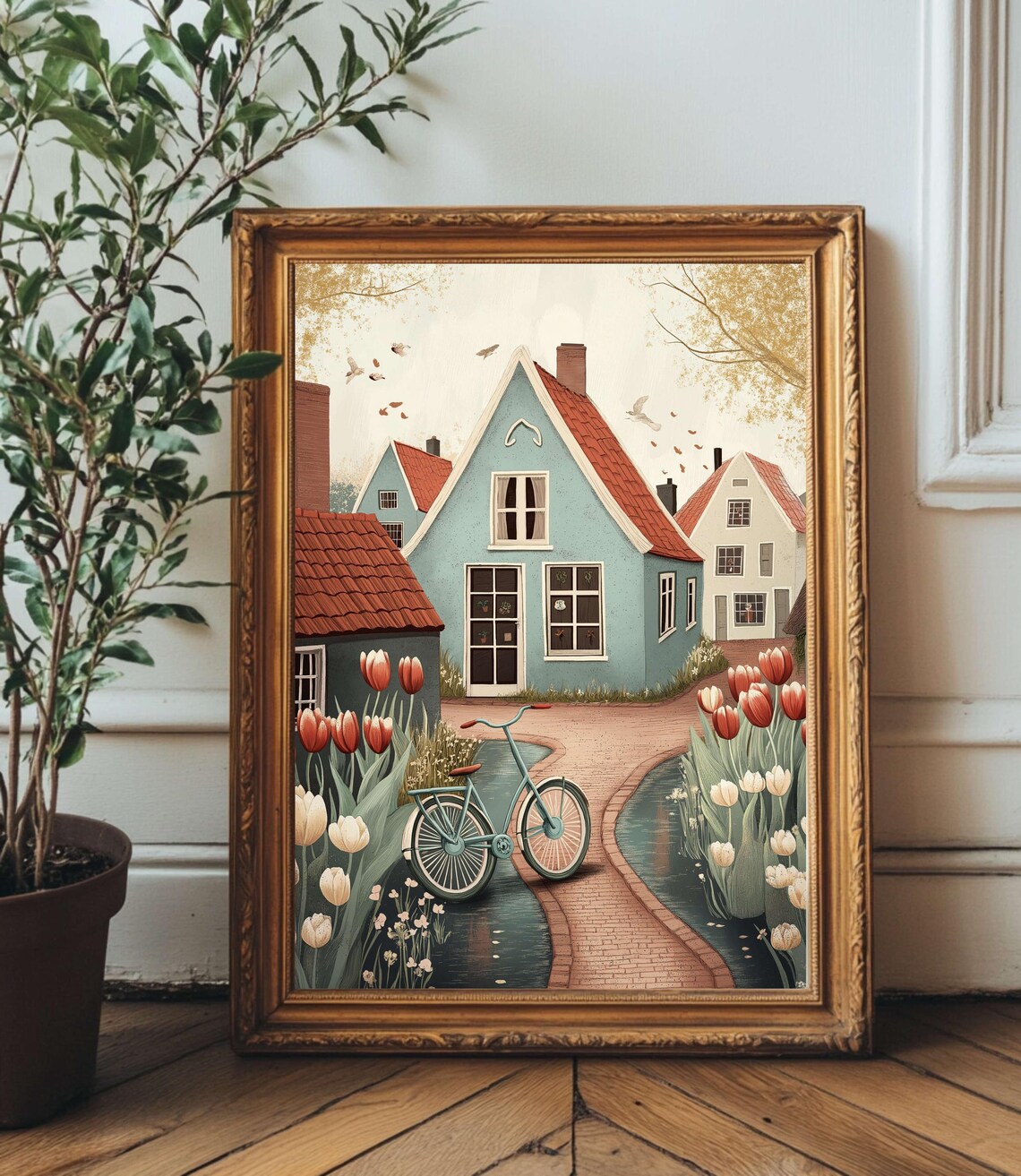 Dutch Village Tulips Bicycle Canal Storybook Illustration Poster