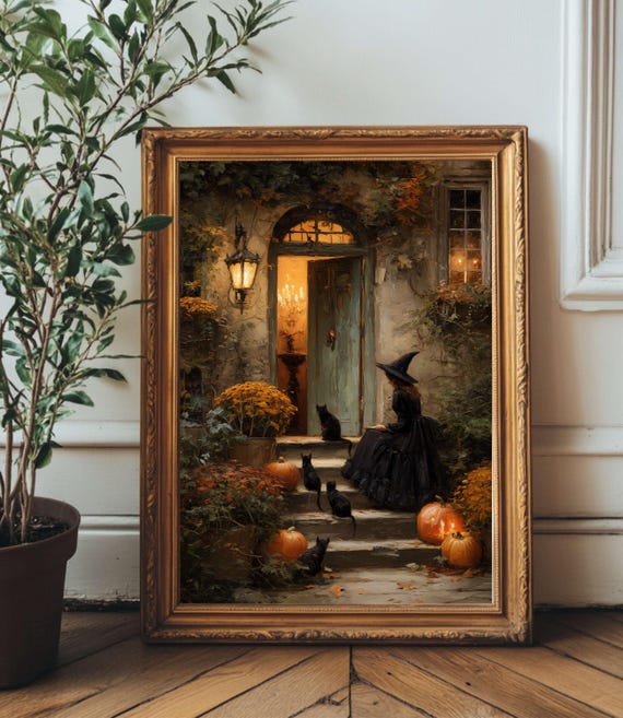 Halloween Witch Wall Art Cozy Autumn Porch With Pumpkins Black Cats Vintage Oil Painting Fall Home Decor