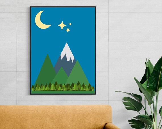 Nordic Art Print Mountain Moon Abstract Landscape Art Wall Decor Neutral Nursery Print