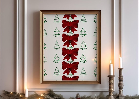 Christmas Bow and Tree Pattern Poster Festive Red Holiday Wall Decor Art