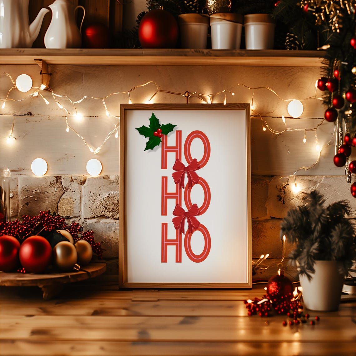 Ho Ho Ho Red Bow Christmas Poster Holly Holiday Festive Wall Decor Art - Image 2