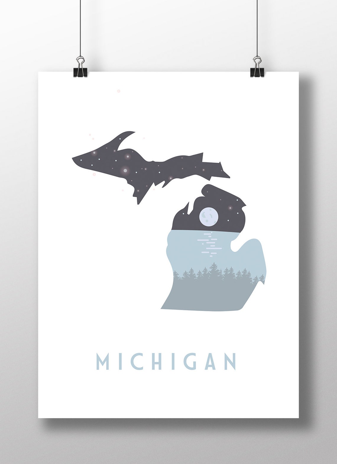 Michigan Great Lakes Starry Night Moon Pines State Map Poster