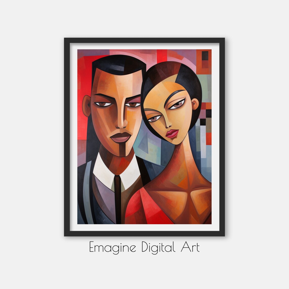 Cubist Black Painting Of Elegant Couple Art Print