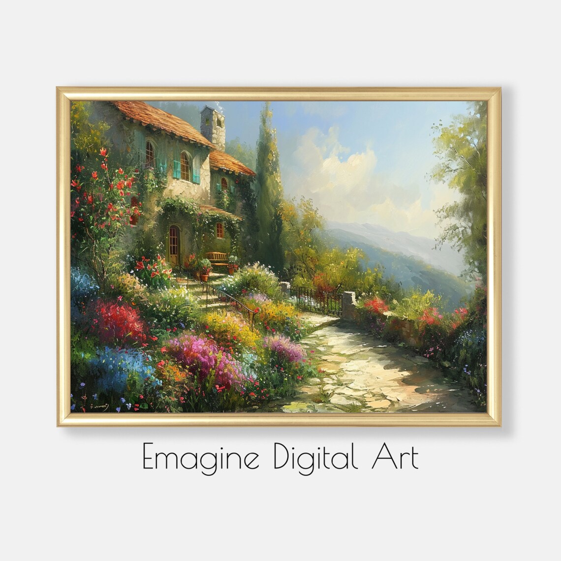 Picturesque Italian Villa Garden Stone House Hillside Painting Poster