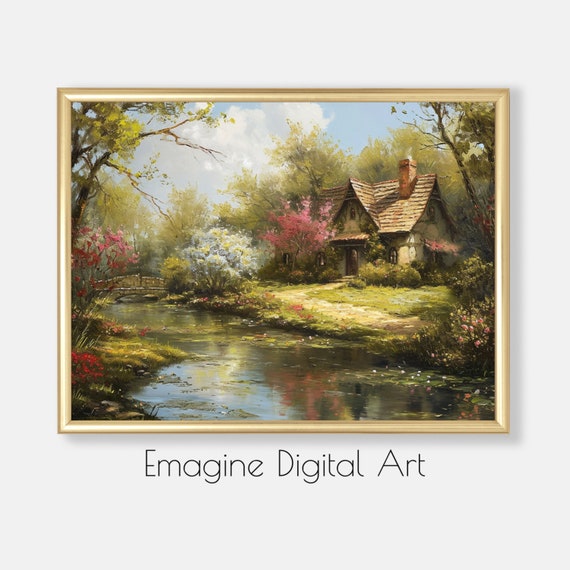 Art Rustic Country Home With Stream And Bridge Wall Decor To Print Frame Ls103