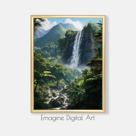 Art Hawaiian Waterfall Landscape Photo Tropical Wall Decor To Instantly Print Frame Ls90