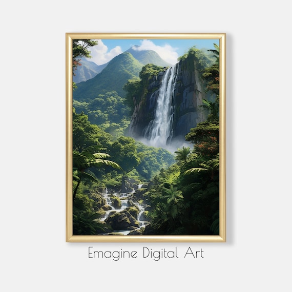 Hawaiian Waterfall Tropical Rainforest Landscape Photography Poster