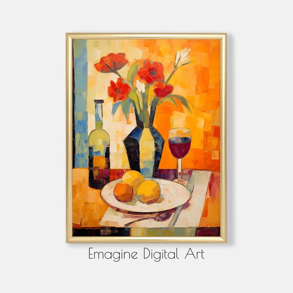 Abstract Still Life Red Flowers Wine Bottle Table Painting Poster